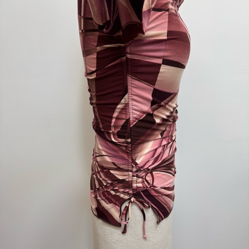 Classy- Vintage Pink and Burgundy Abstract Ruched Tie-Sleeve Blouse-Y2K - Picture 13 of 13